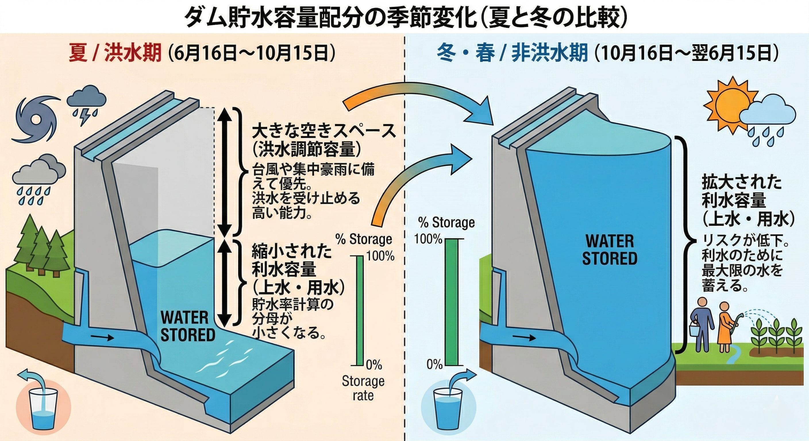 ダム貯水容量配分の季節変化（夏と冬の比較）
